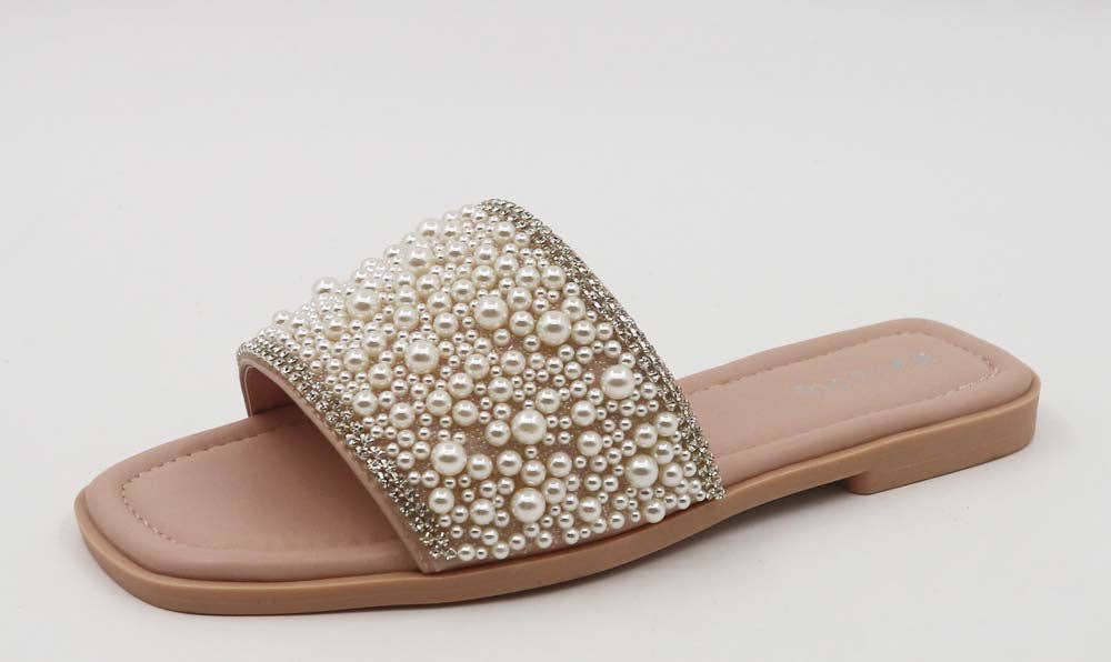 Women Pearl Studded Band Flat Sandals