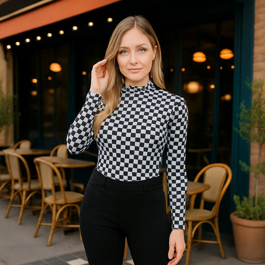 Checkered Mesh Long Sleeve Top